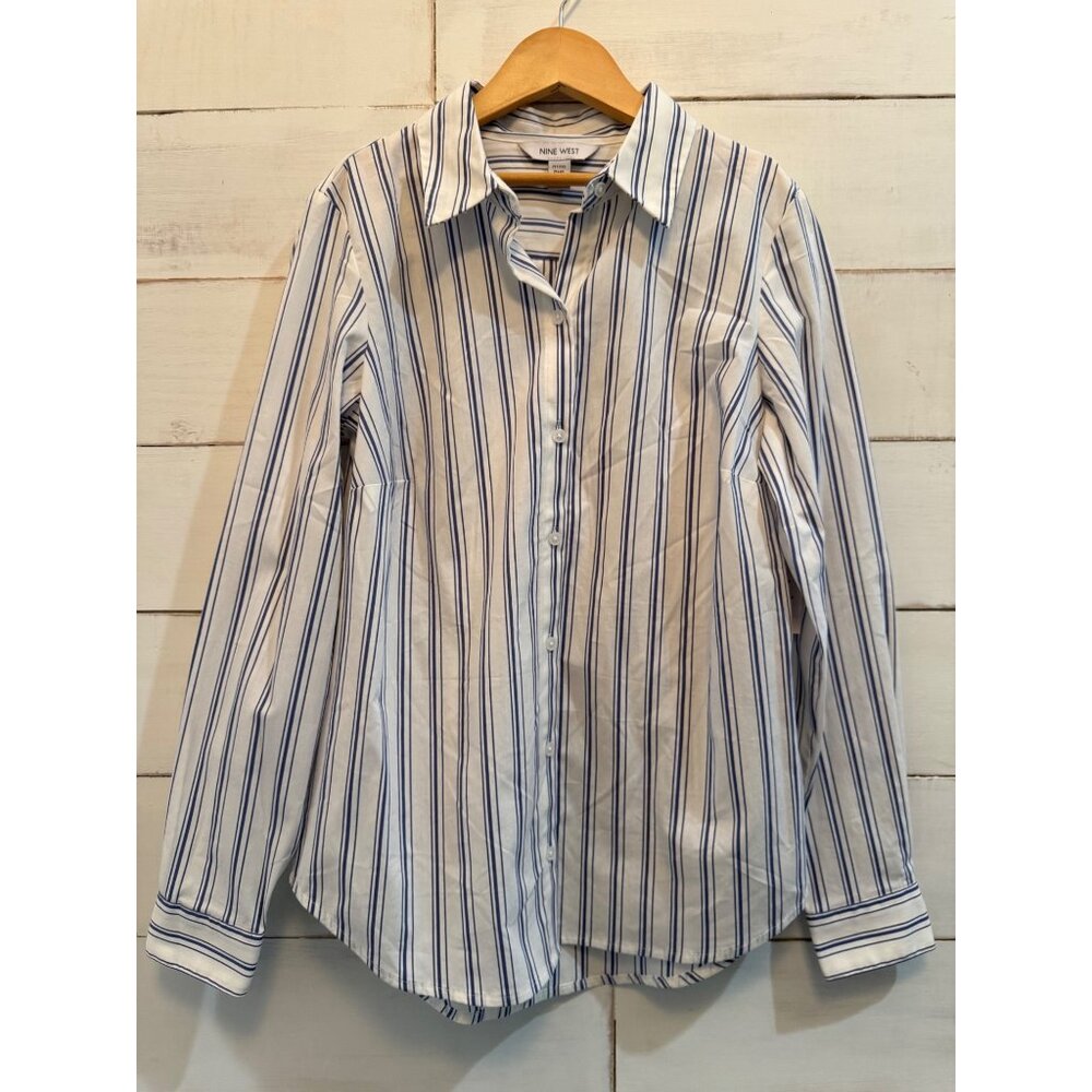 NWT XS Extra Small Petite Nine West Blue White Stripe Long Sleeve Shirt